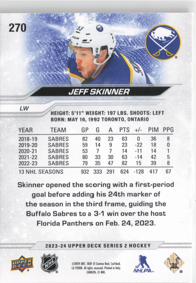 2023-24 Upper Deck #270 Jeff Skinner - Image 2 of 2