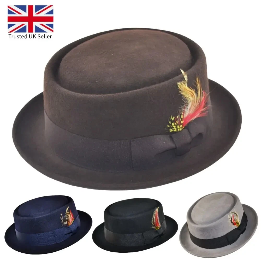 Genuine Hand Made 100% Wool Trilby Top Hat Races Pork Pie Hat 4 Sizes 4 Colours