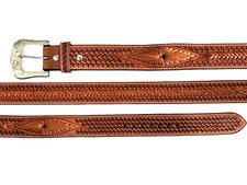 Western Ranger Rodeo Natural Brown Tooled Leather Belt Geometric Lacing Size 37
