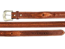 Western Ranger Rodeo Natural Brown Tooled Leather Belt Geometric Lacing Size 37