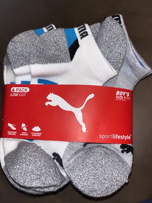 Boys Puma 6 Pack Qtr Crew White gray Socks Size 9-11  New