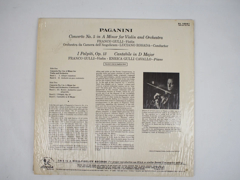 Paganini Concerto No.5 A Minor for Violin Franco Gulli Decca GOLD DL710081 VG+ - Image 2 of 3