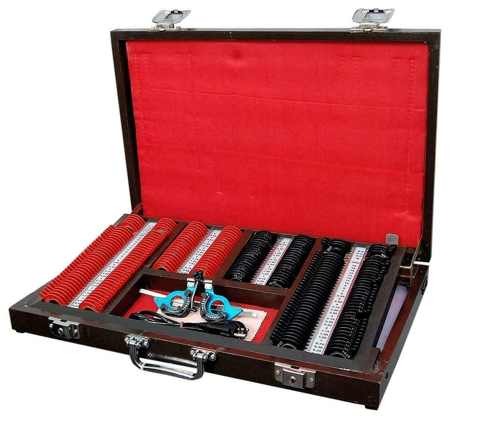 Juego de lentes de prueba iluminadas marco rojo y negro óptico PC 225 lentes oftalmología Foto 3 de 4