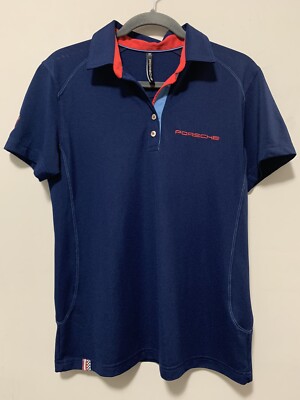 Porsche Women Medium Navy Blue Polo Shirt Pullover Emblem Logo Preppy Fancy Cars