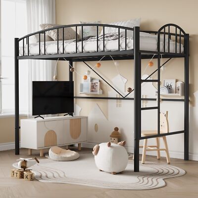 Loft Bed Twin Size, Metal Loft Bed Frame with Arched Guardrail and Safety Ladder