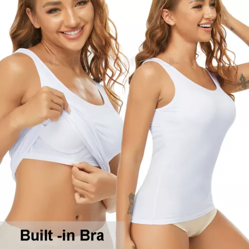 TANK TOP Womens Stretch Long Workout Fitness Sport Yoga Built in Bra Basic Top - Picture 13 of 61