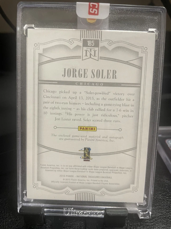 Tarjeta de novato 2015 National Treasures Jorge Soler autógrafo y parche/99 Foto 4 de 4