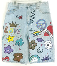 Vtg Dakota Blue Shorts Junior's 5 Fade Denim Graphic Peace Love Print Distressed