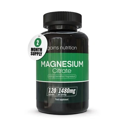 GAINS NUTRITION Magnesium Citrate 1480mg 120 Capsules HIGH STRENGTH Tiredness Fatigue PMS VEGAN