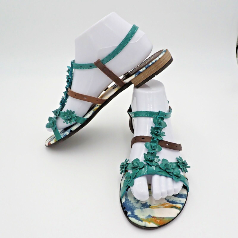 Vera Pelle Sandals Cafe Noir Green Strappy Flowers Italy Size 39 US Size 8