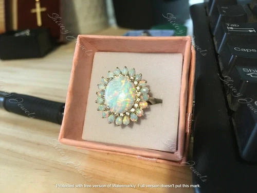 Real Fire Opal 3Ct Oval Cut Halo Engagement Ring 14K Yellow Gold Plated Silver