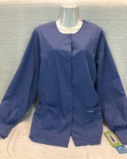 Landau Women's Snap Front Warm-up Scrub Jacket Blue Size Small