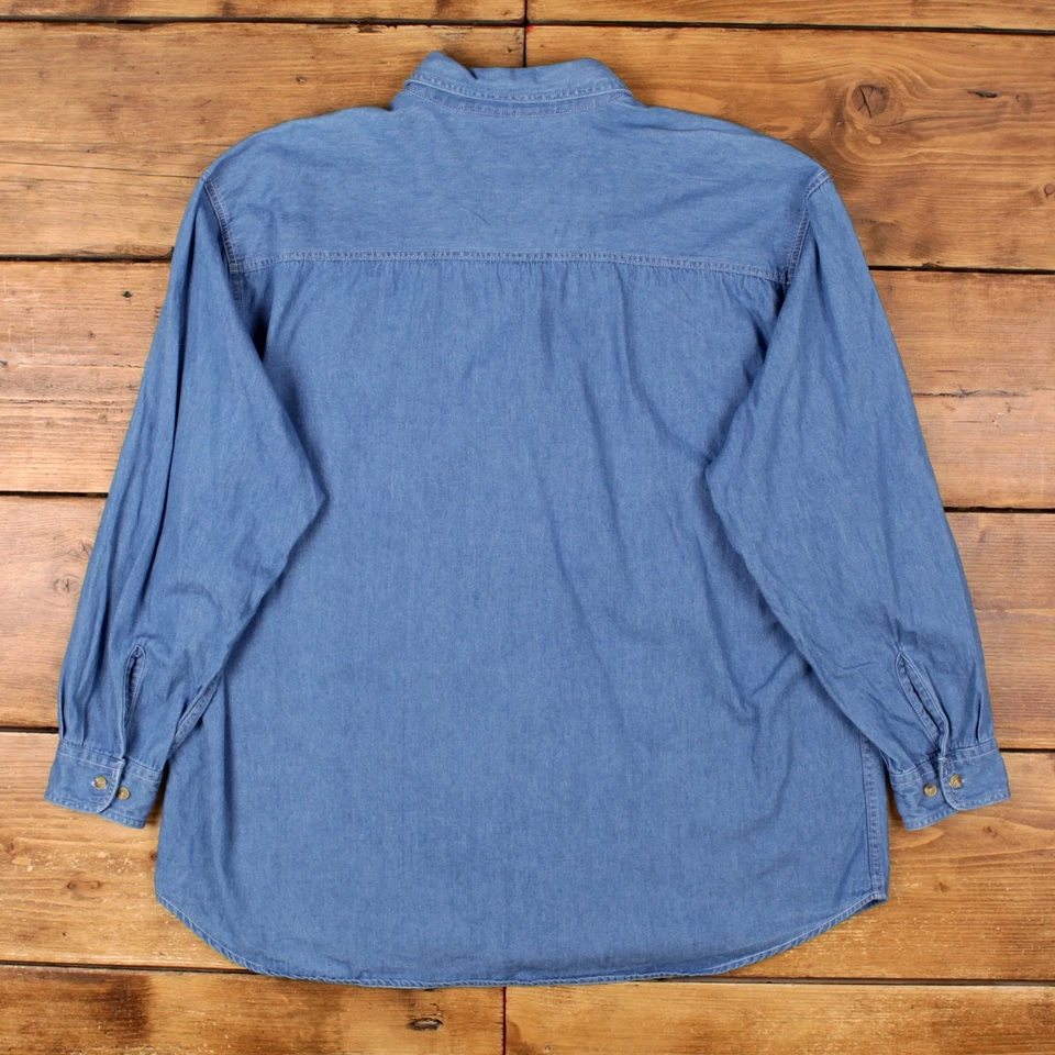 Vintage Nutmeg Mills Denim Shirt Button XL 90s Embroidered Logo Mens Blue - Image 2 of 4