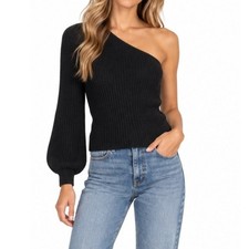 Aqua Asymmetrical One-Shoulder Rib-Knit Balloon Sleeve Black Sweater Size XS