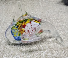 Murano-Style Art Glass Dolphin Paperweight Clear Glass Colorful Spattered Scene