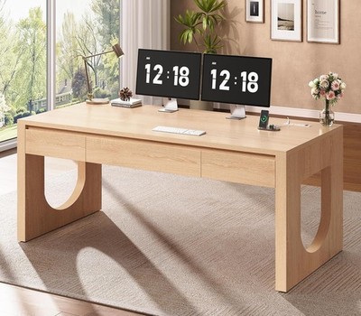 Modern Office Desk with 3 Drawers, 55'' Executive Desk with Storage, Wood