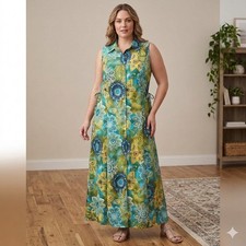 Sag Harbor Woman Sleeveless Floral Button Down Maxi Dress Green Blue 18W