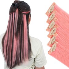 Clip In Real Human Hair Extensions 6Pcs Short Pink Straight Hairpieces for Women