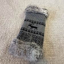 Women  s Gray Knit Hand Warmer Black Faux Fur Fleece Lined Muff Warm Winter Deer