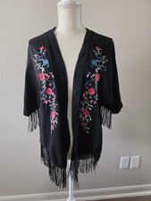 Black Floral Embroidered Kimono With Fringe XS Xhilaration Short Sleeve Boho