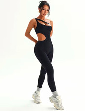 Women’s Solid One Shoulder Cut-Out Stretch Catsuit M Black Sleeveless Skinny Leg