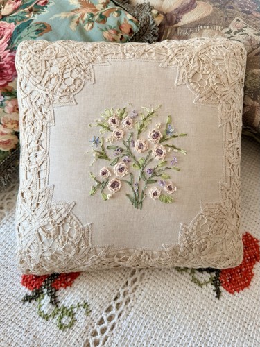 Vintage Silk Ribbon Embroidery Pillow Venice Lace 13x13 Shabby Chic Cottagecore