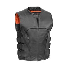 Men  s Motorcycle leather vest - Black Vest with Swat Design  Concealed Pockets