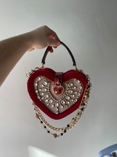 Vintage Heart Shaped Red Velvet Handbag Rhinestone Crystals Gold Chain Y2K Goth