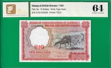 Malaya & British Borneo $10 1961, P9a, graded Choice UNC *64* w/RADAR no. 42624!