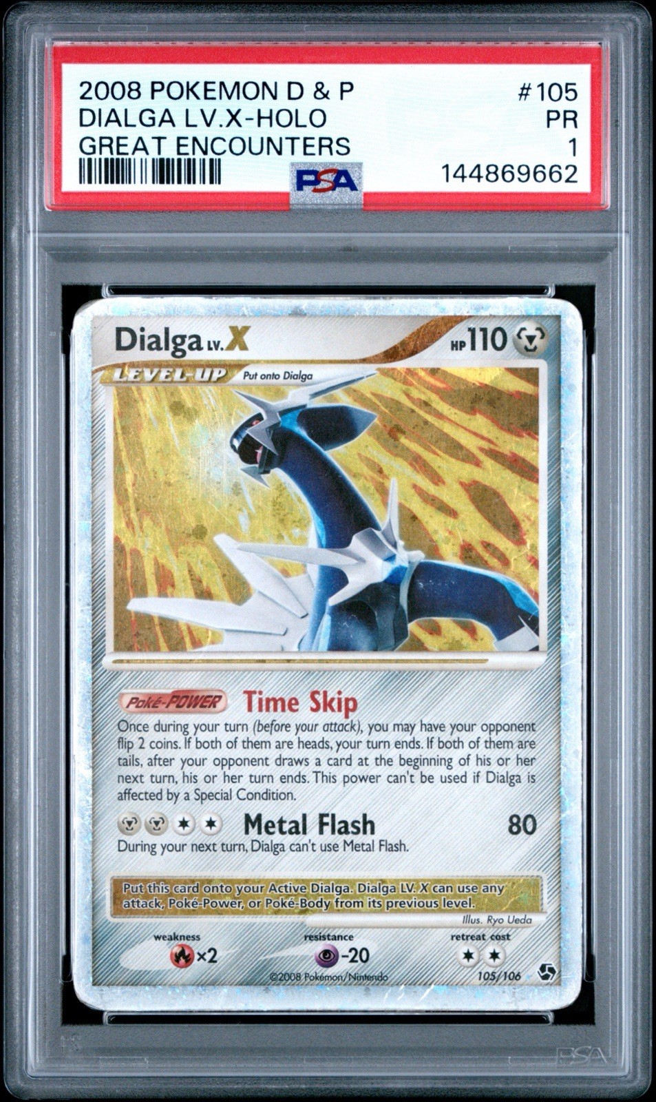 2008 POKEMON DIAMOND & PEARL GREAT ENCOUNTERS #105 DIALGA LV.X-HOLO PSA 1