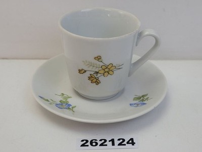 Mokkatasse DDR Kahla Porzellan Weiß Gelb Blau Grün Blumenmotiv 70er J. #262124