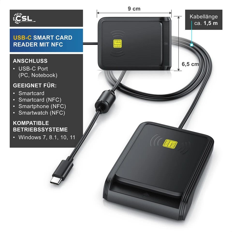CSL USB 2.0 Dual Chipkartenlesegerät, USB-C, NFC, Smartcard, schwarz, 1,5m Kabel - Bild 2 von 4