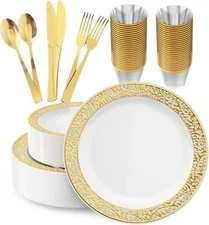 150 Count Gold Dinnerware Set, Elegant Plastic Plates Disposable Include: 25 ...
