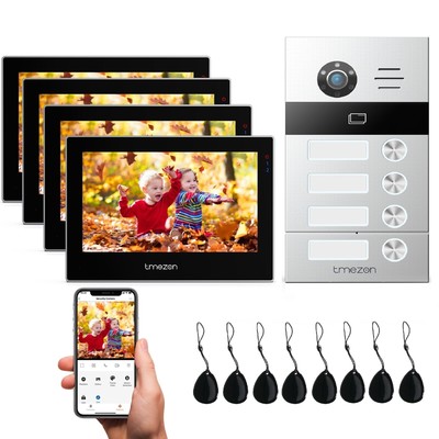 TMEZON 2 Draht BUS WLAN HD Video Türsprechanlage 1-4 Familien Gegensprechanlage