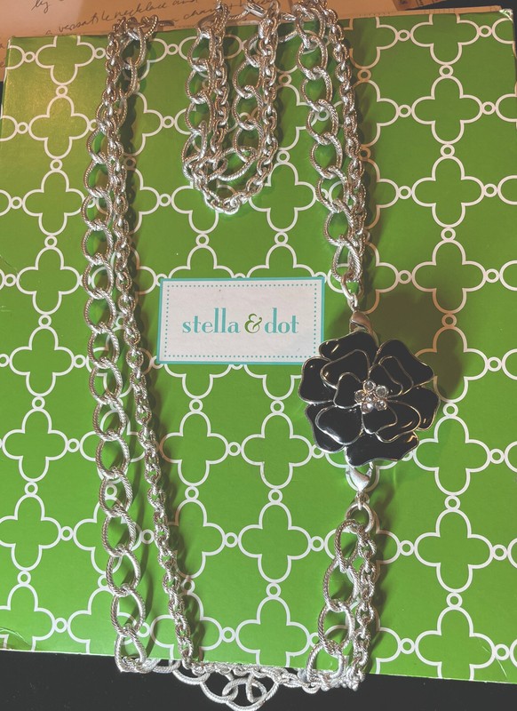 Stella & Dot La Coco Silver Curb Chain Necklace Bracelet Enamel Brooch Set