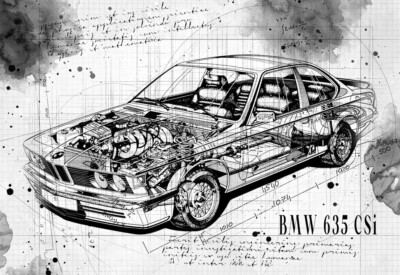 Line Tech Zeichnung BMW 635 CSi Cutaway Kunst Posterdruck