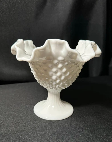 Vintage FENTON WHITE MILK GLASS HOBNAIL RUFFLED CRIMPED CANDLE STICK HOLDER BOWL