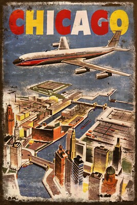 Chicago Flugreisen Stadt Urlaub Werbung Vintage Stil Alter Look Blechschild Plakette