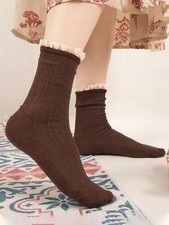 Contrast Hem Coffee Brown Crew Socks for Women Cute Socks Novelty Socks Fun
