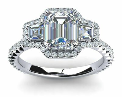 2ct Emerald Cut Moissanite 3 Stone Halo Fancy Engagement Ring White Gold Plated