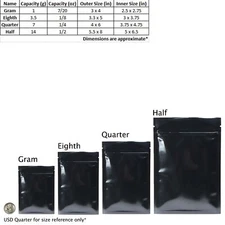 Black Barrier Resealable Snack Storage Bags Gram Oz Eighth Quarter Half Size