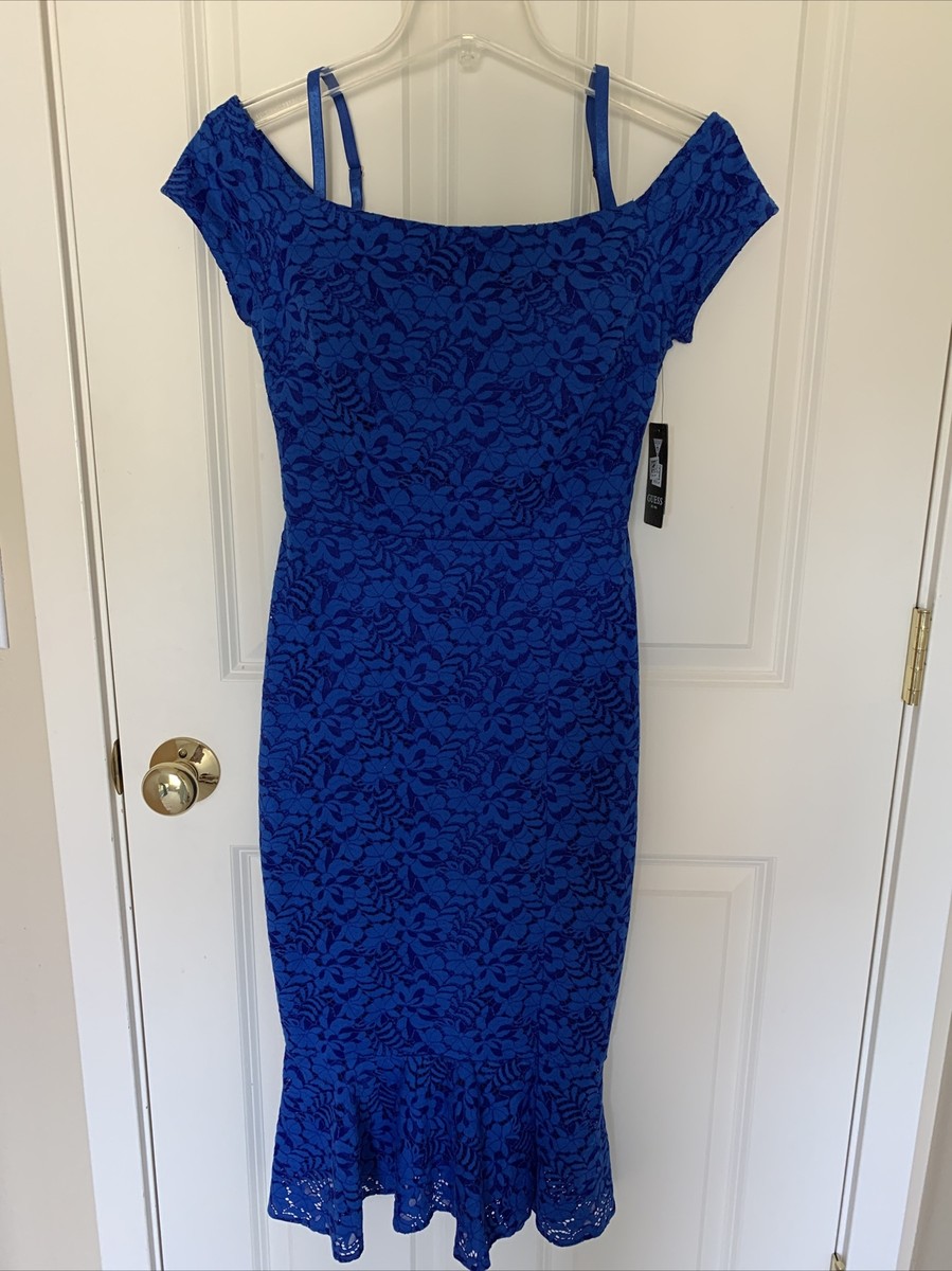 guess off the shoulder lace midi dress Guess Tiana Off The Shoulder Lace Trim Dress In Jet Black