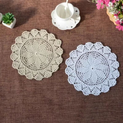 4Pcs/Lot White Vintage Hand Crochet Lace Doilies Round Table Mats Floral 10inch