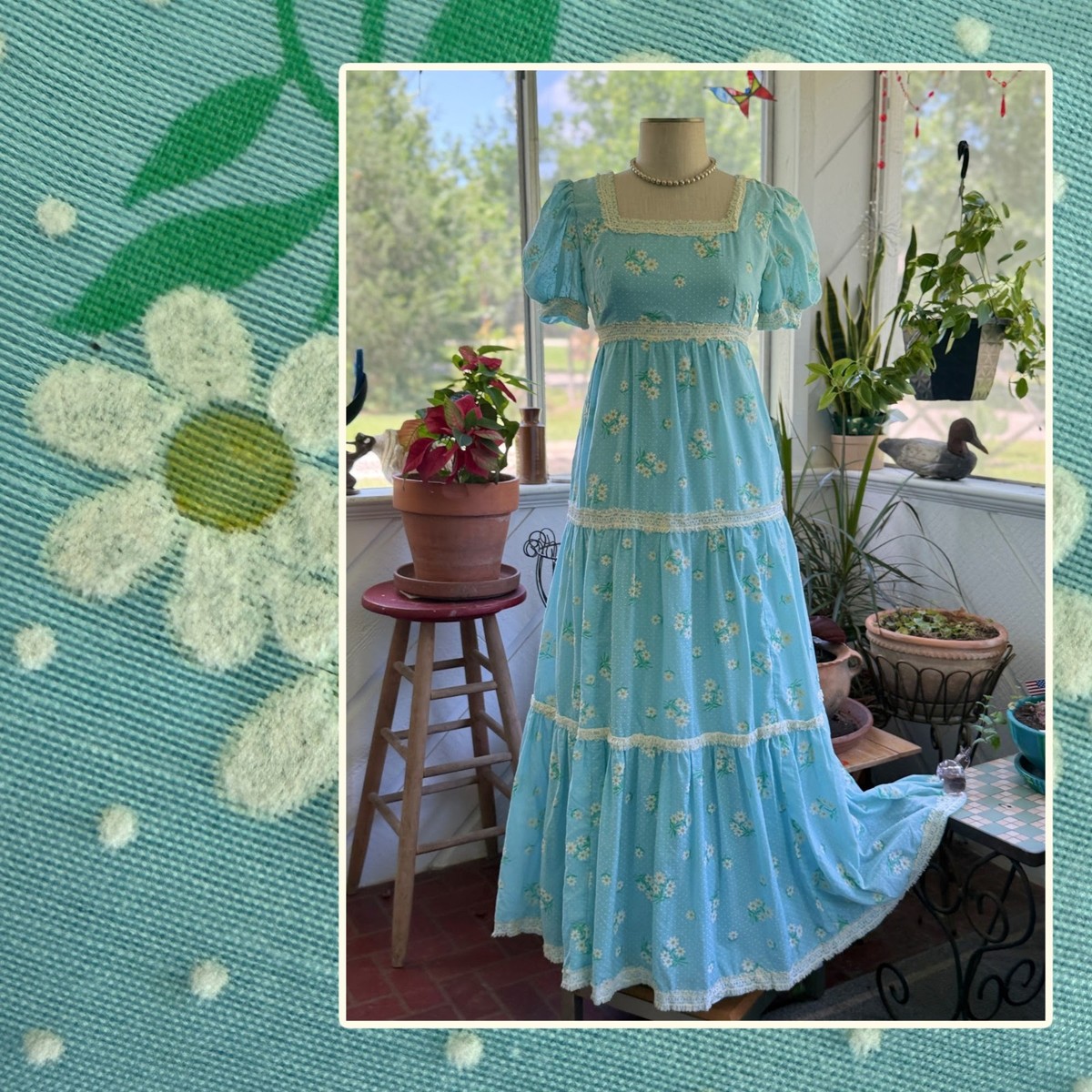 Adorable Swiss Dot Flocked Daisies Baby Blue Empire Waist Maxi Dress, Sz M