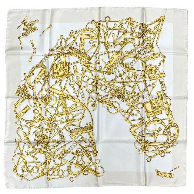 Gucci Scarf Large Size Accessories Hose Bit All-Over Pattern Silk Logo Beige Gol