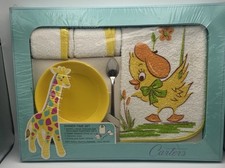 Vintage Carter  s Dinner Time Set - Feeding Bib, 2 Washcloths, Feeding Dish Spoon