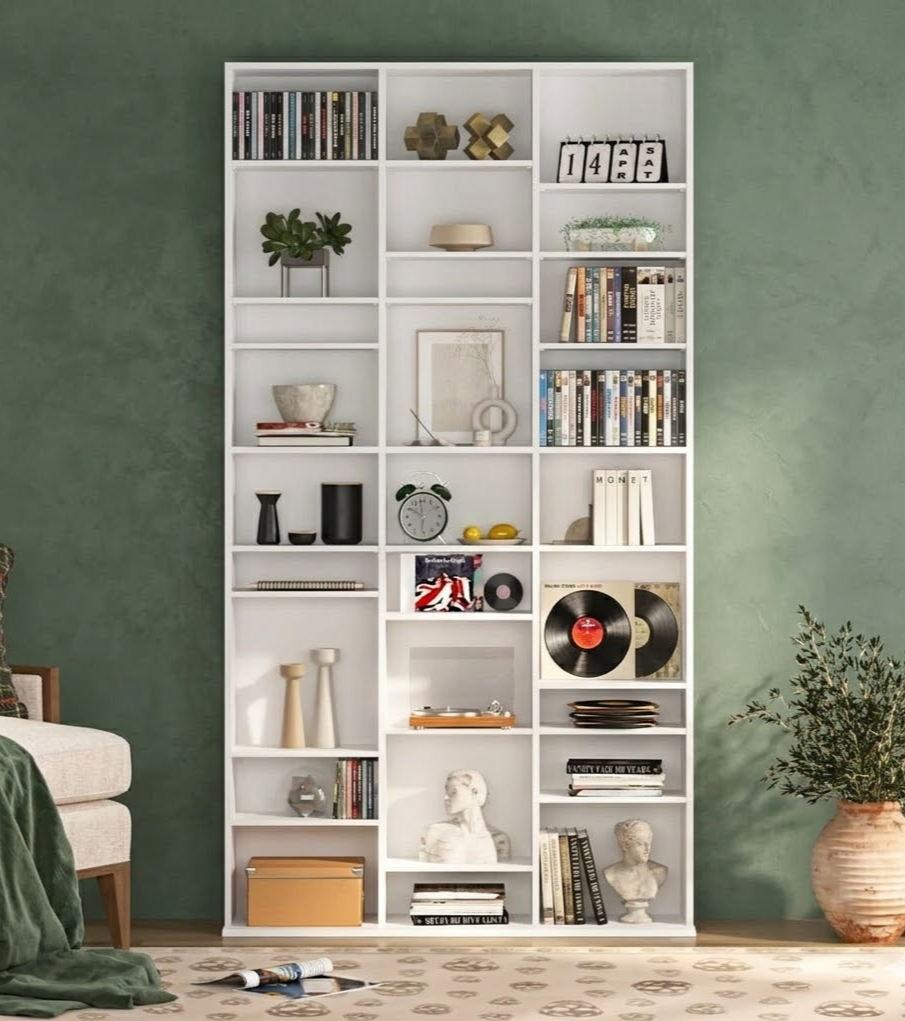 CD DVD Storage Unit 190cm Tall 27 Compartments Adjustable Shelves White Wood