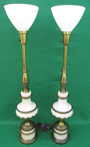Vintage Stiffel Hollywood Regency Torchiere Trophey Lamps✨ Brass & Enamel, 39"