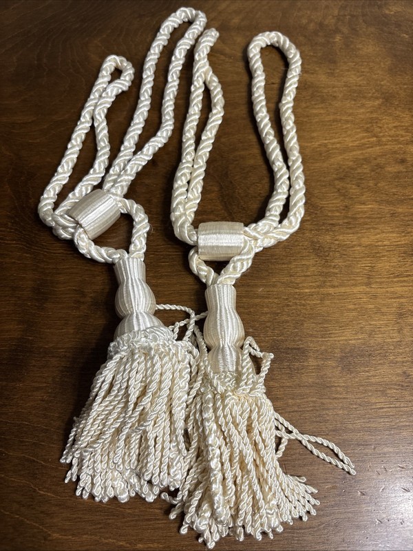 2 Vintage Off-White Satin Rope Curtain Drapery Tiebacks with Tassels