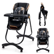 Baby High Chair w/ Wheel Folding Baby Dining Chair Adjustable Height & Recline